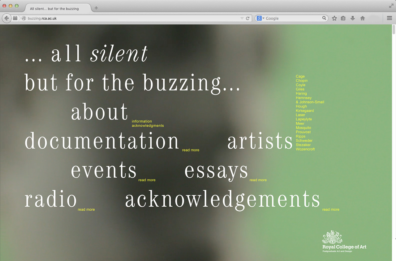 All silent… but for the buzzing, exhibition design and identity for the exhibition, organised by the Curating Contemporary Art Department, Royal College of Art, London, designed by Lola Halifa-Legrand and In the shade of a tree studio, founded by Sophie Demay and Maël Fournier Comte.