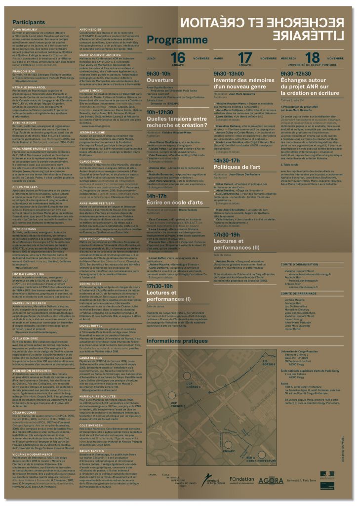 Poster and programme Recherche et création littéraire for the École nationale supérieure d’arts de Paris-Cergy, ENSAPC, designed by In the shade of a tree studio, founded by Sophie Demay and Maël Fournier Comte.
