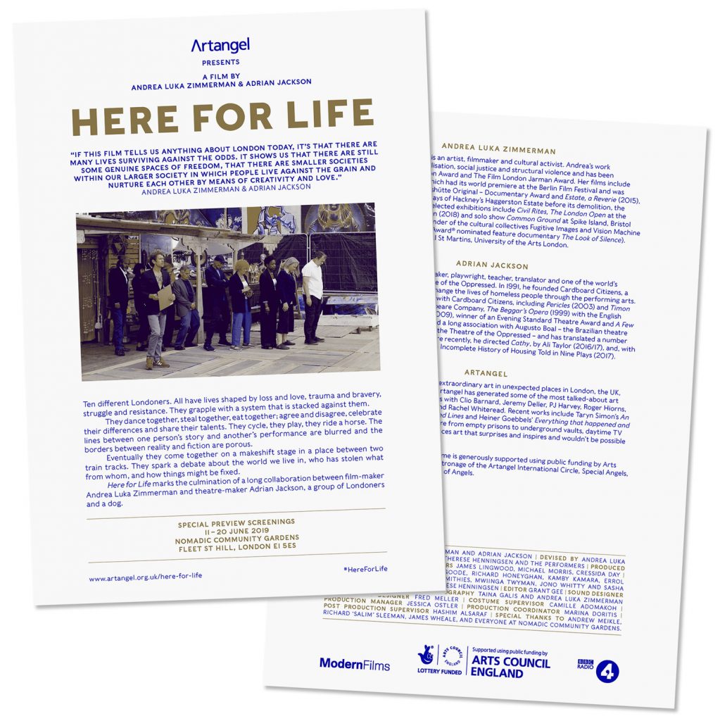 Poster and printed matter for Here for Life, a film by Andrea Luka Zimmerman and Adrian Jackson, produced by Artangel London designed by In the shade of a tree studio, founded by Sophie Demay and Maël Fournier Comte.