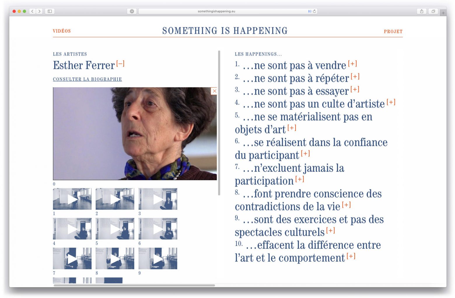 Interactive plateforme for research project Something is Happening, hosting 100 vidéos from dancers, artists and performers, organised by the École Nationale Supérieure d’Arts Paris - Cergy and the CND, Centre National de la Danse, designed by In the shade of a tree studio, founded by Sophie Demay and Maël Fournier Comte.
