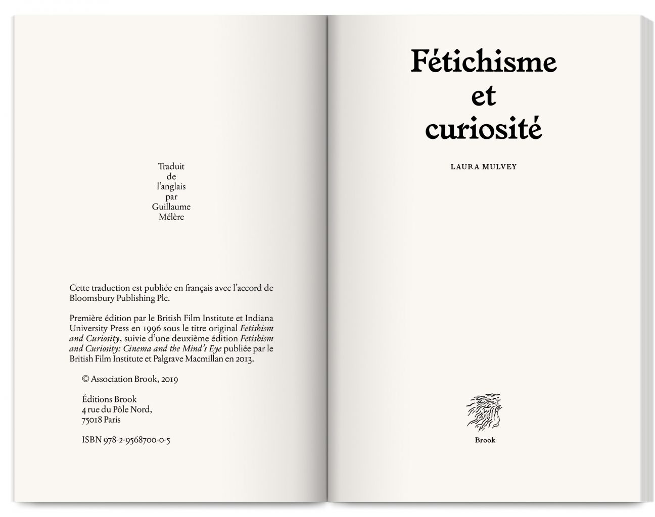 Pocket book Fétichisme et curiosité written by Laura Mulvey published by Éditions Brook, designed by In the shade of a tree studio, founded by Sophie Demay and Maël Fournier Comte.