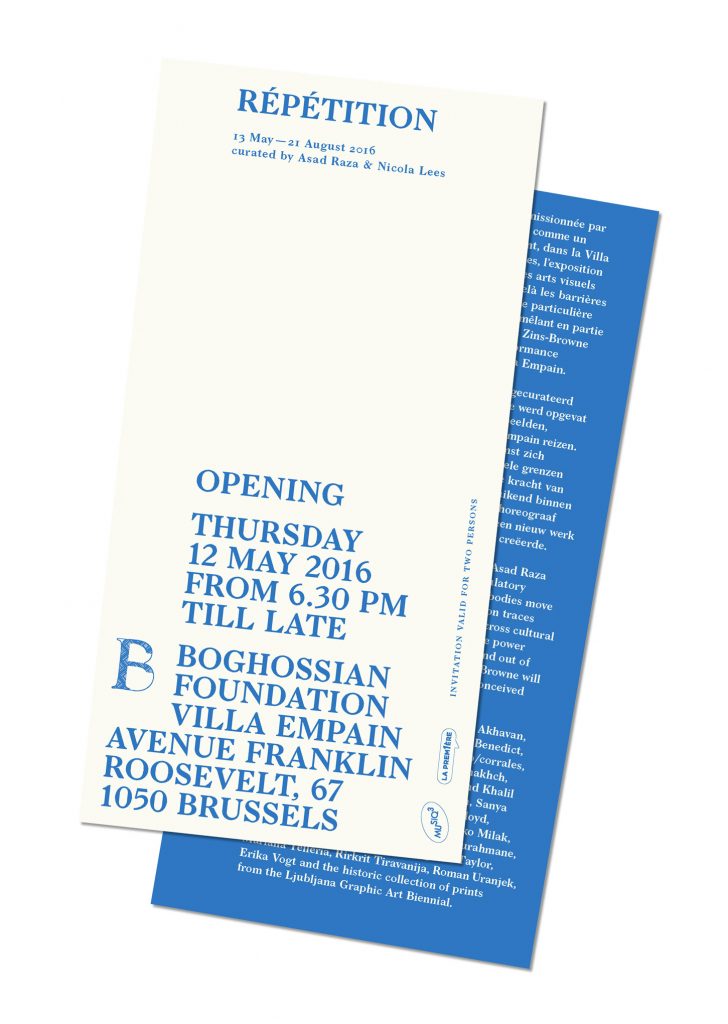 Printed matter for the exhibition Répétition held at the Villa Empain Fondation Boghossian, designed by In the shade of a tree studio, founded by Sophie Demay and Maël Fournier Comte.