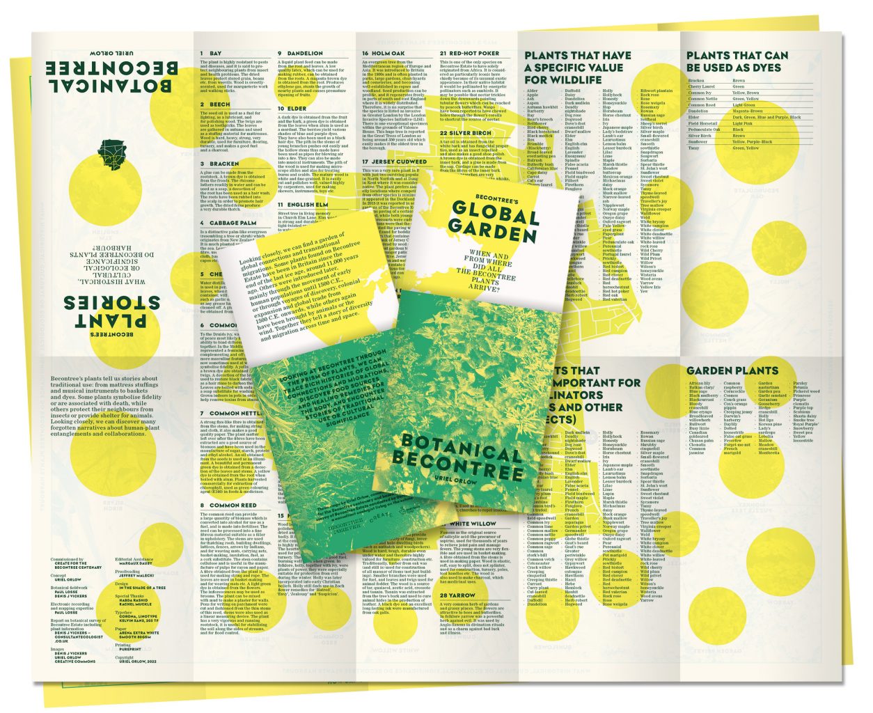 Folded and unfolded posters of Botanical Becontree, green and yellow, a survey lead by Uriel Orlow
