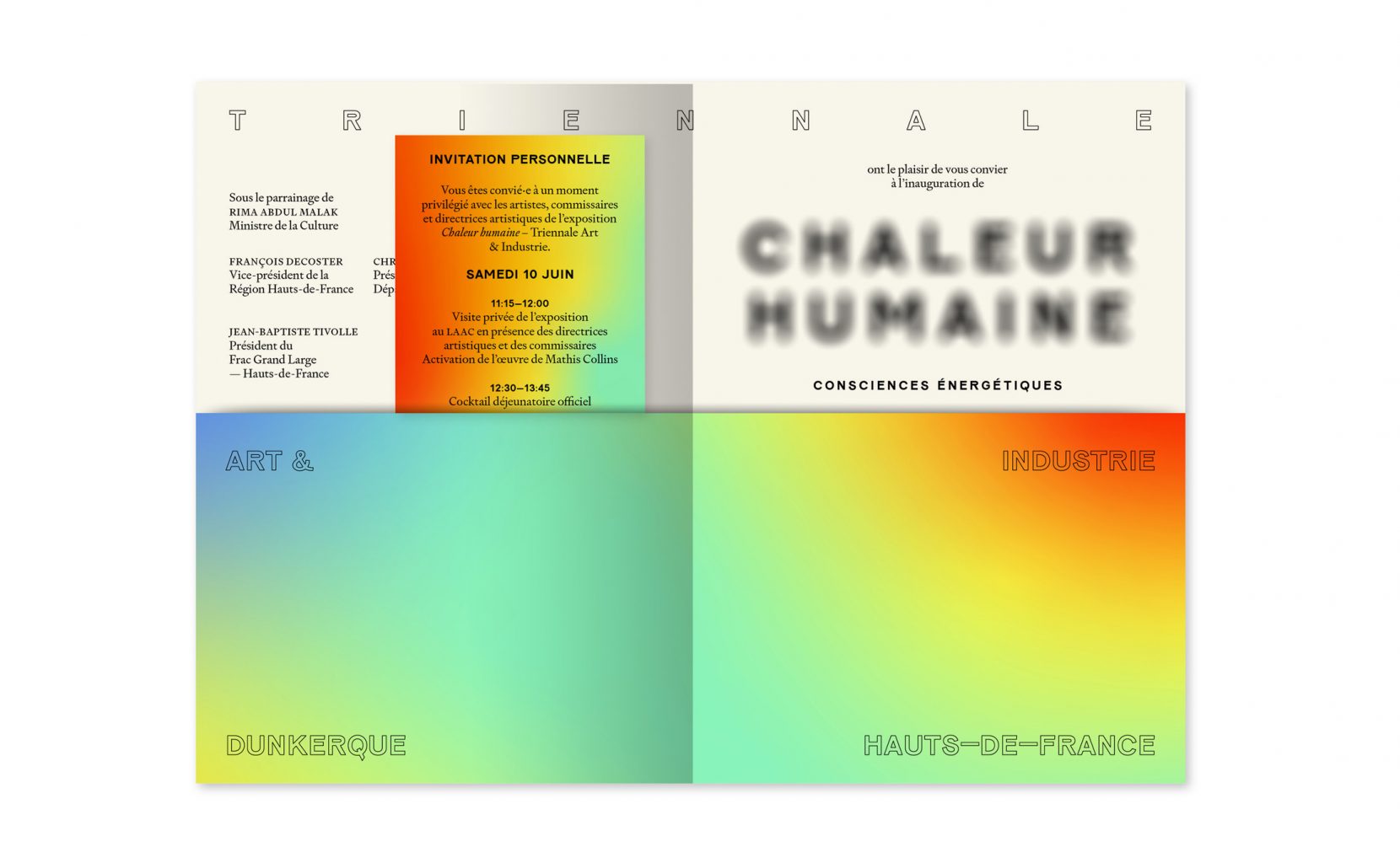 Invitation Chaleur Humaine, Triennale Art & Industrie, Dunkerque, North of France, designed by In the shade of a tree studio, founded by Sophie Demay and Maël Fournier Comte, joined by Jimmy Cintero.