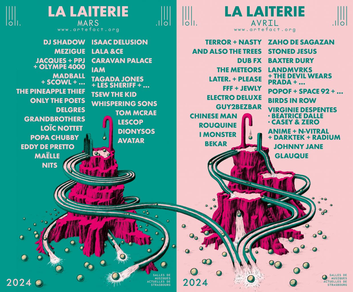 Identity, illustration, posters, La Laiterie, saison 2023-24, designed by In the shade of a tree studio, founded by Sophie Demay and Maël Fournier Comte, joined by Jimmy Cintero.