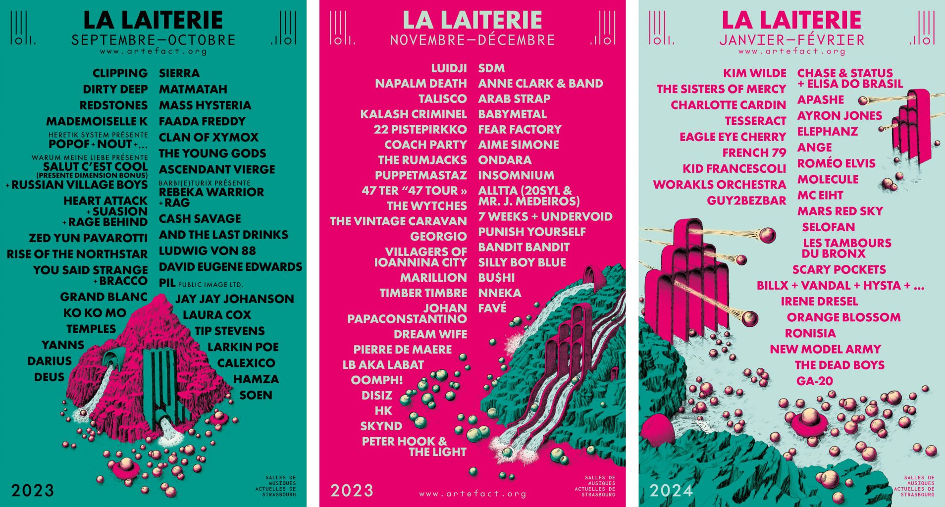 Identity, illustration, posters, La Laiterie, saison 2023-24, designed by In the shade of a tree studio, founded by Sophie Demay and Maël Fournier Comte, joined by Jimmy Cintero.